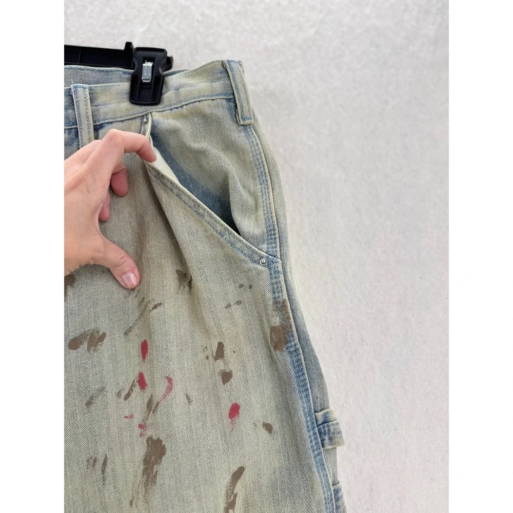 mnml - Carpenter Pants Paint Splatter Distressed Herringbone - Blue - 34 - Mens
